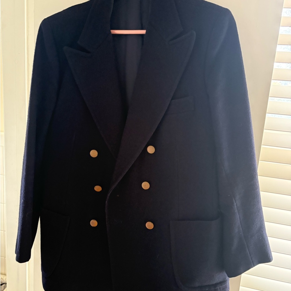 Classic Double-Breasted Men's Navy Wool Coat with Gold Buttons